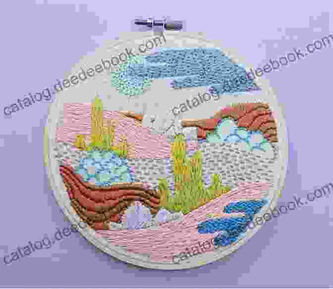 A Stitched Fabric Brooch Featuring An Embroidered Landscape With Rolling Hills, Serene Lakes, And Intricate Details. Twenty To Make: Stitched Fabric Brooches