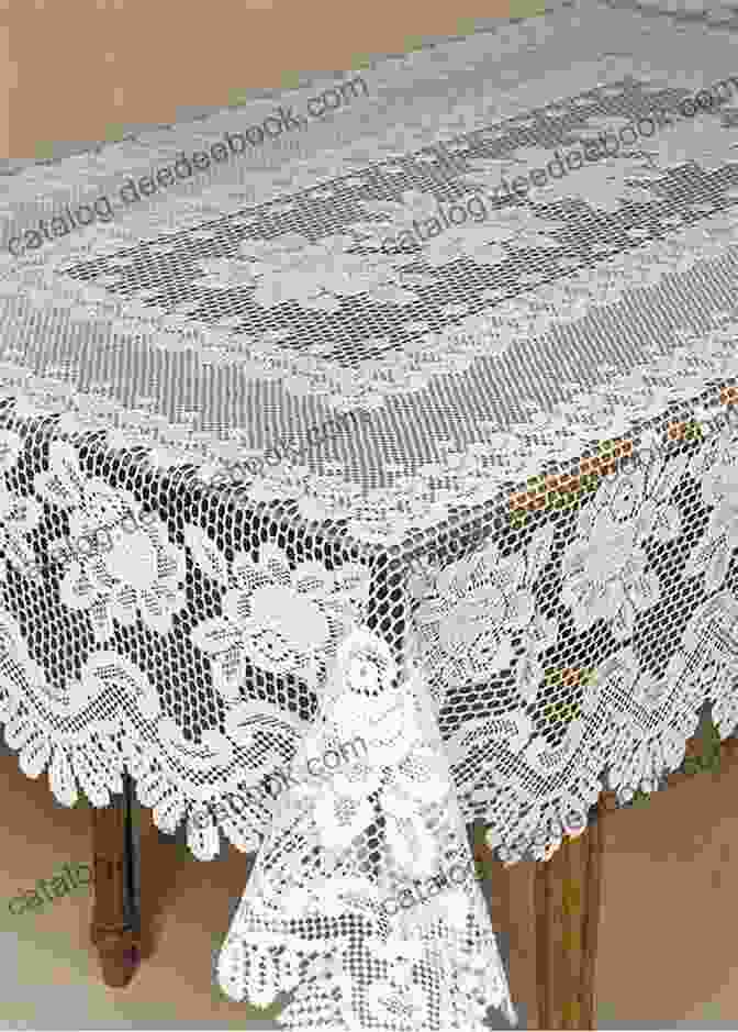 An Image Of A Lace Trimmed Tablecloth Featuring The Rose And Butterfly Lace Border Filet Crochet Pattern, Adding A Touch Of Elegance To A Dining Table. Rose And Butterfly Lace Border Filet Crochet Pattern: Complete Instructions And Chart