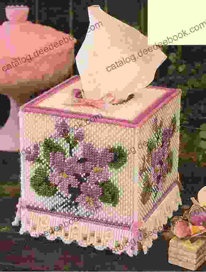 Close Up Of The Sweet Violets Tissue Box Cover, Showcasing The Intricate Violet Print Sweet Violets Regular Tissue Box Cover: Plastic Canvas Pattern